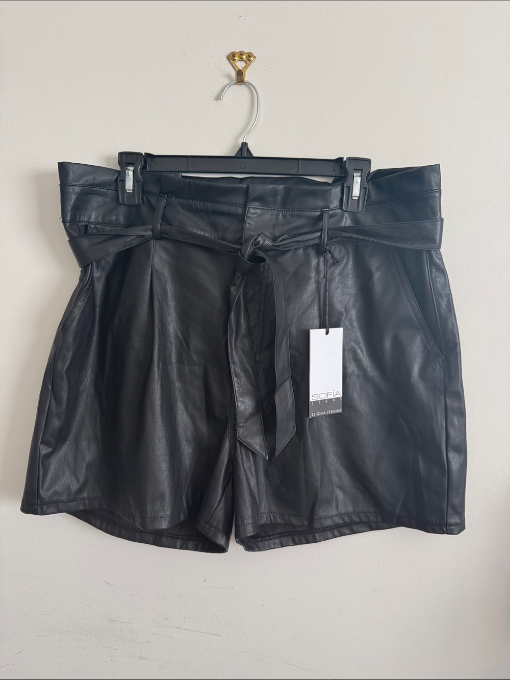 sofia by sofia vergara Black Faux Leather High-Waist Paperbag Shorts